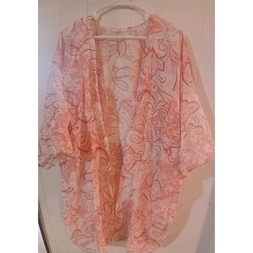 Semi Sheer Pink Floral Kimono Cardigan Size M/L Lightweight Boho Cottage Layer